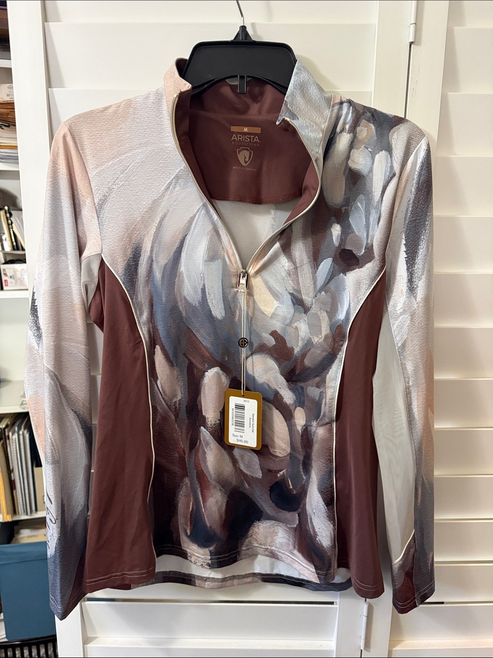 Arista riding Long-Sleeve Zip Front Top in Brown and Multi-Color Abstract Print
